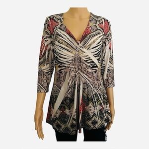 Simply Irrebibtible casual bohemian style top M ruched front V-neck multicolored